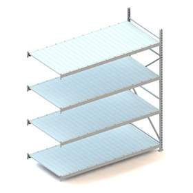 Regál zásuvný MINI-RACK, V: 2500 mm, 4 police 2200 x 1050 mm z plechových panelů, nosnost 600 kg, přídavný