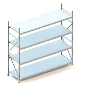 Regál zásuvný MINI-RACK, V: 2500 mm, 4 police 2600 x 800 mm z plechových panelů, nosnost 490 kg, základní