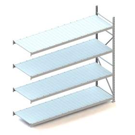 Regál zásuvný MINI-RACK, V: 2500 mm, 4 police 2600 x 800 mm z plechových panelů, nosnost 490 kg, přídavný