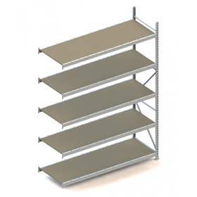 Regál zásuvný MINI-RACK, V: 3000 mm, 5 polic 2200 x 800 mm z dřevotřísky, nosnost 600 kg, přídavný