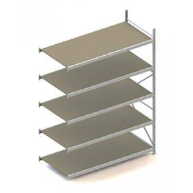 Regál zásuvný MINI-RACK, V: 3000 mm, 5 polic 2200 x 1050 mm z dřevotřísky, nosnost 600 kg, přídavný