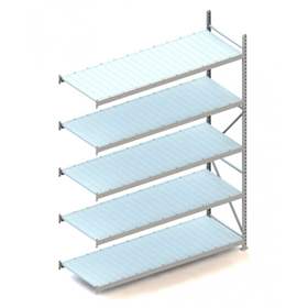 Regál zásuvný MINI-RACK, V: 3000 mm, 5 polic 2200 x 800 mm z plechových panelů, nosnost 600 kg, přídavný