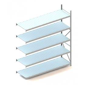 Regál zásuvný MINI-RACK, V: 3000 mm, 5 polic 2600 x 800 mm z plechových panelů, nosnost 490 kg, přídavný