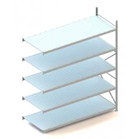 Regál zásuvný MINI-RACK, V: 3000 mm, 5 polic 2600 x 1050 mm z plechových panelů, nosnost 490 kg, přídavný