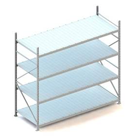 Regál zásuvný MINI-RACK, V: 2500 mm, 4 police 2600 x 1050 mm z plechových panelů, nosnost 490 kg, základní