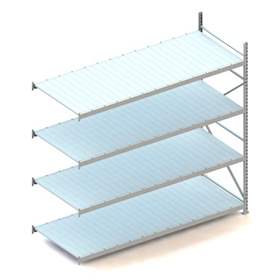 Regál zásuvný MINI-RACK, V: 2500 mm, 4 police 2600 x 1050 mm z plechových panelů, nosnost 490 kg, přídavný
