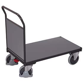 Cărucior marfă cu platformă VARIOfit 1000 x 600 mm, cu mâner și 1 perete frontal panou lemn, cap. port. 500 kg, culoare gri antracit RAL7016