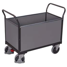 Plošinový vozík VARIOfit se čtyřmi bočními stěnami s plnou výplní, 850 x 500 mm, nosnost 400 kg, barva antracit RAL7016 /deska šedá