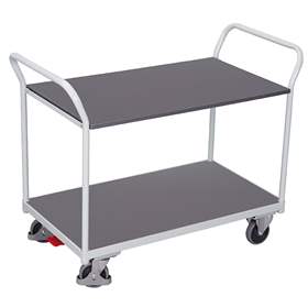 Tischwagen VARIOfit mit 2 Etagen, 2 Stirngriffe, 850x500 mm,Tragfähigkeit 200 kg, Farbe Lichtgrau RAL7035 /Platte Grau