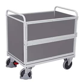 Holzkastenwagen VARIOfit, Längswand aufklappbar, 1000x700 mm, Tragfähigkeit 500 kg, Farbe Lichtgrau RAL7035 /Platte Grau