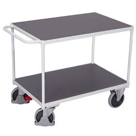 Tischwagen VARIOfit, 2 Etagen, Ladefläche Holzwerkstoffplatte, 1000x700 mm, Tragfähigkeit 500 kg, Farbe Lichtgrau RAL7035 /Platte Grau