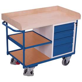 Cărucior de atelier - cărucior de scule, cap. port. 400 kg, platformă de încărcare cu cadru lemn 1125 x 630 mm, 4 sertare