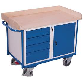 Cărucior de atelier - cărucior de scule, cap. port. 400 kg, platformă de încărcare cu cadru lemn 1125 x 630 mm, 1 dulap cu poliță, 4 sertare