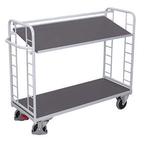 Etážový vozík VARIOfit se šikmými policemi, 2 police, 1650 x 650 mm, nosnost 400 kg, barva šedá RAL7035 /deska šedá