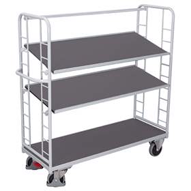 Etagenwagen VARIOfit mit Schrägboden, 3 Etagen, 1355 x 550 mm, Tragfähigkeit 250 kg, Farbe Lichtgrau RAL7035 /Platte Grau