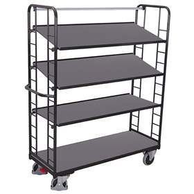 Etážový vozík VARIOfit se šikmými policemi, čtyři police, 1355 x 550 mm, nosnost 250 kg, barva antracit RAL7016 /deska šedá