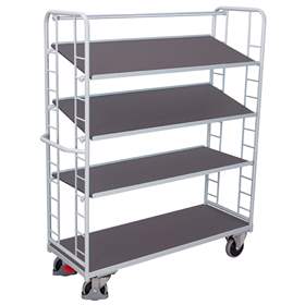 Etážový vozík VARIOfit se šikmými policemi, čtyři police, 1355 x 550 mm, nosnost 250 kg, barva šedá RAL7035 /deska šedá