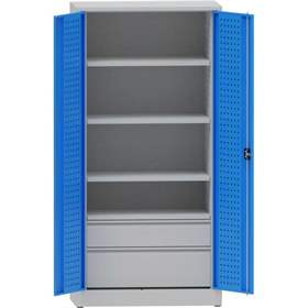 Werkstattschrank mit Lochplatten, 3 Fachböden, 2 Schubladen, HxBxT: 1950x950x500 mm, Lichtgrau RAL7035 /Blau RAL5012