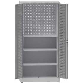 Dielenská skriňa na náradie, v x š x h: 1950x950x500 mm, perforované panely, 3 x polica, farba šedá RAL7035 /šedá RAL7035