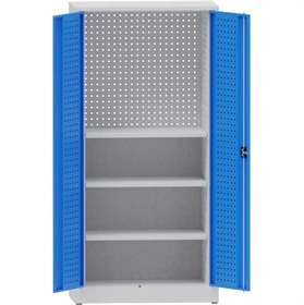 Dielenská skriňa na náradie, v x š x h: 1950x950x500 mm, perforované panely, 3 x polica, farba šedá RAL7035 /modrá RAL5012