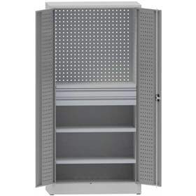 Werkstattschrank mit Lochplatten, 2 Fachböden, 2 Schubladen, HxBxT: 1950x950x500 mm, Lichtgrau RAL7035 /Lichtgrau RAL7035