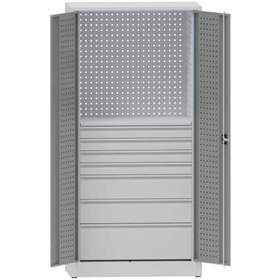 Dulap atelier pentru scule, HxLxl: 1950x950x500 mm, cu placă perforată, 7 sertare, gri RAL7035 /gri RAL7035