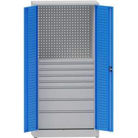 Dulap atelier pentru scule, HxLxl: 1950x950x500 mm, cu placă perforată, 7 sertare, gri RAL7035 /albastru RAL5012