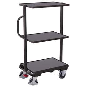 Cărucior industrial punere la dispoziție (deservire) VARIOfit, 3 polițe îfixe din placaj lemn, culoare antracit RAL7016 /placă gri