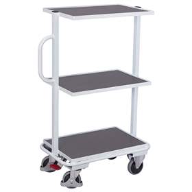 Cărucior industrial punere la dispoziție (deservire) VARIOfit, 3 polițe îfixe din placaj lemn, culoare gri RAL7035 /placă gri