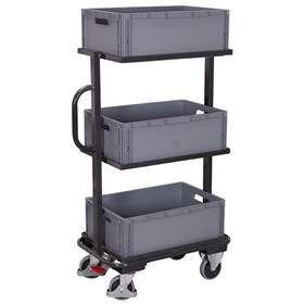 Cărucior industrial punere la dispoziție (deservire) VARIOfit, 3 polițe fixe tip cadru oțel cu 3 navete din material plastic, culoare antracit RAL7016