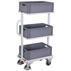 Cărucior industrial punere la dispoziție (deservire) VARIOfit, 3 polițe fixe tip cadru oțel cu 3 navete din material plastic, culoare gri RAL7035