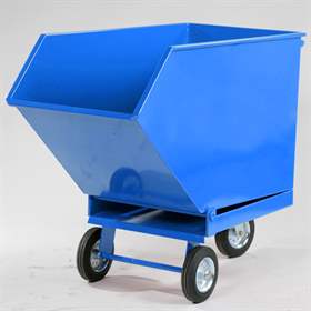 Kippbarer Blechkastenwagen für Industrieabfälle mit Doppelboden und Auslasshahn, Inhalt 250 l, Farbe Blau RAL5010