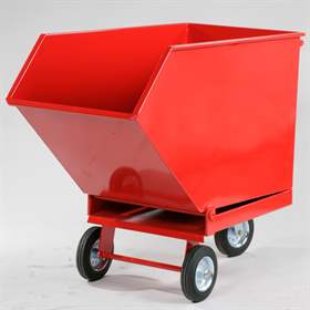 Kippbarer Blechkastenwagen für Industrieabfälle mit Doppelboden und Auslasshahn, Inhalt 250 l, Farbe Rot RAL3000