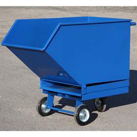 Kippbarer Blechkastenwagen für Industrieabfälle mit Staplertaschen, Doppelboden und Auslasshahn, Inhalt 250 l, Farbe Blau RAL5010