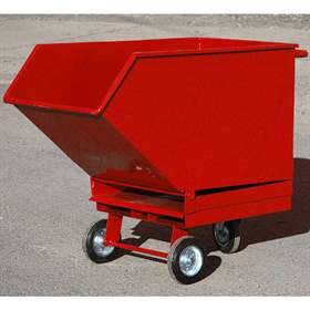 Kippbarer Blechkastenwagen für Industrieabfälle mit Staplertaschen, Doppelboden und Auslasshahn, Inhalt 600 l, Farbe Rot RAL3000