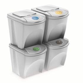 Set de 4 coșuri pentru sortarea deșeurilor SORTIBOX, volum 4x25 l, culoare gri deschis