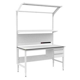 ESD-Arbeitstisch ALFA, mit Schubladen, Etagenbord und Beleuchtung, 1200 x 700 mm