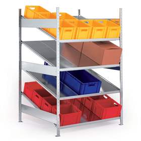 Schrägbodenregal CLIP, einseitig, HxBxT: 2000 x 1000 x 1228 mm, 4 Etagen mit Tragfähigkeit 200 kg, Grundregal
