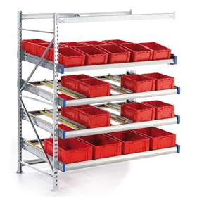 Spádový regál Multiline LIGHT, 4 police s válečkovými lištami š x h: 1800x1250 mm, přístavný