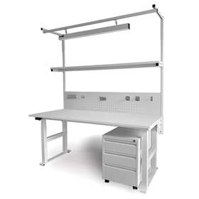 Arbeitstisch ERGOMASTER, elektrische Höhenverstellung, mit Ablageboden, LED und Schbladen, 1800x800 mm