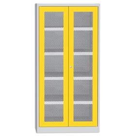 Chemikalienschrank mit Gittertüren, H x B x T: 1950 x 950 x 500 mm, 4 Wannen-Fachböden, Farbe: Gehäuse Lichtgrau RAL7035/ Türen Gelb RAL1023