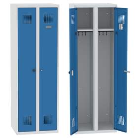 Garderobenschrank mit Doppel-Flügeltüren, Breite 600 mm, zwei Kleiderfächer, Türfarbe Blau RAL5012, Zylinderschloss