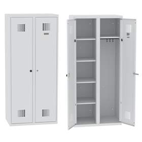 Garderobenschrank mit Doppel-Flügeltüren, Breite 800 mm, Abteil mit 4 Einlegeböden und Kleiderfach, Türfarbe Grau RAL7035, Zylinderschloss