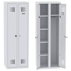 Garderobenschrank mit Doppel-Flügeltüren, Breite 600 mm, Abteil mit 4 Einlegeböden und Kleiderfach, Türfarbe Grau RAL7035, Zylinderschloss