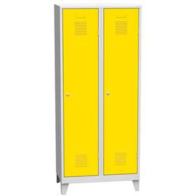 Svařovaná šatní skříň 2 x 400 mm, barva dveří žlutá RAL1023, standardní větrací žaluzie, na nohách