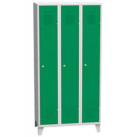 Garderobenschrank, geschweißt, 3 x 300 mm, Türfarbe grün RAL6024, mit Stollenfüßen