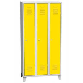 Garderobenschrank, geschweißt, 3 x 300 mm, Türfarbe gelb RAL1023, mit Stollenfüßen