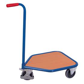 Cărucior șasiu cu mâner pentru transport navete, lăzi, 3-roți, platformă încărcare din placaj pe bază de lemn 600 x 450 mm, cap. port. 150 kg