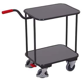 Cărucior șasiu cu mâner pentru transport navete, lăzi cu 2 polițe din lemn, frână EasySTOP 600 x 500 mm, cap. port. 200 kg, culoare antracit RAL7016 /placă gri