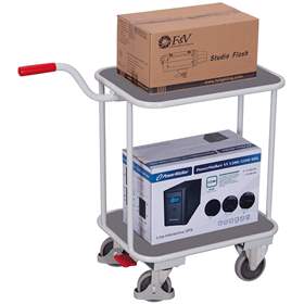 Cărucior șasiu cu mâner pentru transport navete, lăzi cu 2 polițe din lemn, frână EasySTOP 600 x 500 mm, cap. port. 200 kg, culoare gri RAL7035 /placă gri